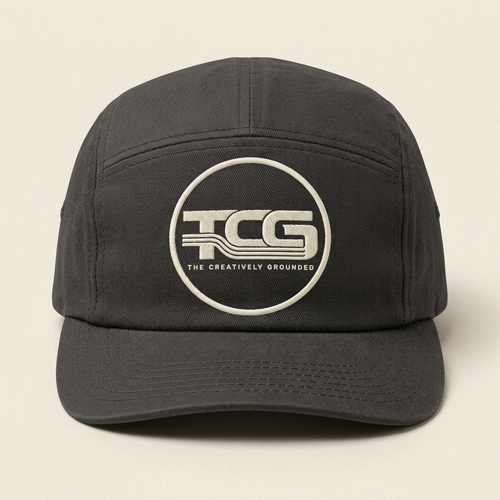 TCG five-panel cap concept with direct logo embroidery, no patch